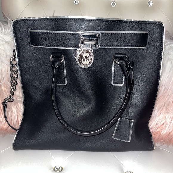 Michael Kors Hamilton Specchio Leather Black Silver Trim Handbag Tote - Picture 13 of 13